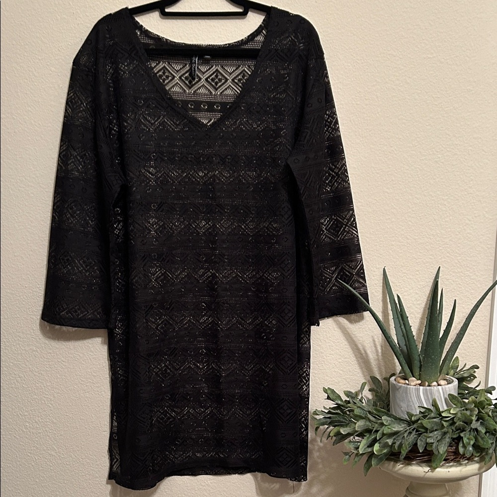 Pacific Beach Black Patterned Long Cover Up